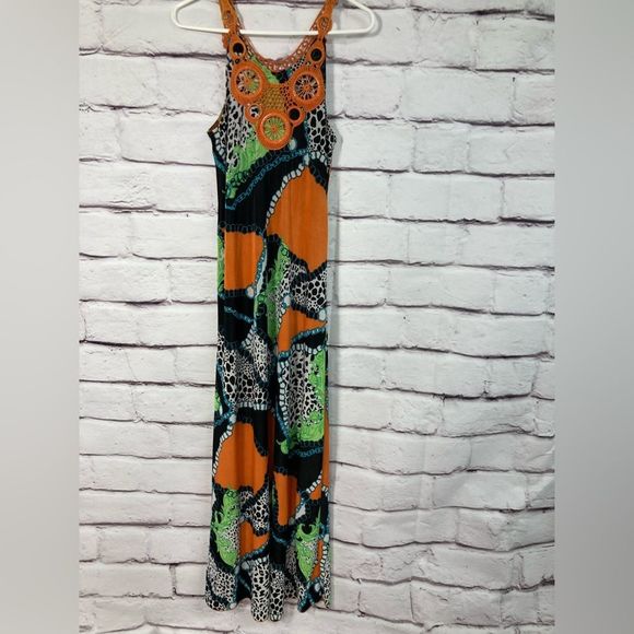 Dresses & Skirts - Paris Paris Maxi Dress SZ L Lined Bold Abstract Animal Print Orange Blue Crochet